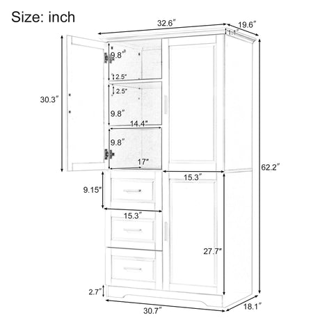 Tall And Wide Storage Cabinet With Doors For Bathroom Or Office, 3 Drawers - Gray