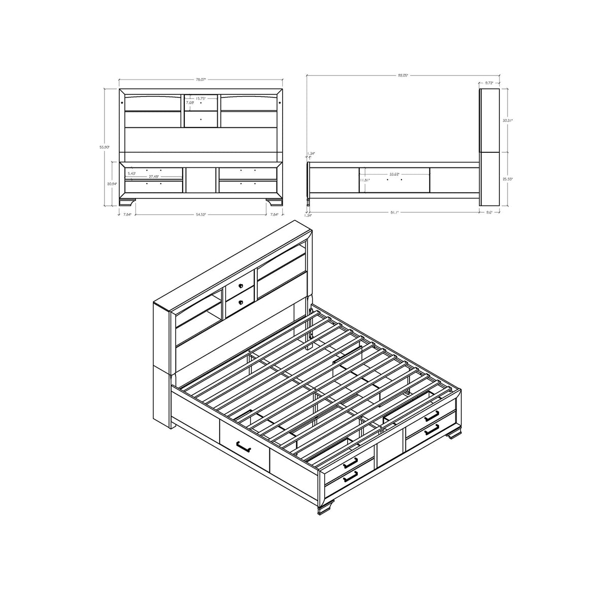 Civic - 5 Piece Storage Bedroom Set With Bookcase Headboard