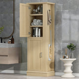 Tall Freestanding Bathroom Storage Cabinet With Adjustable Shelves And Side Hooks