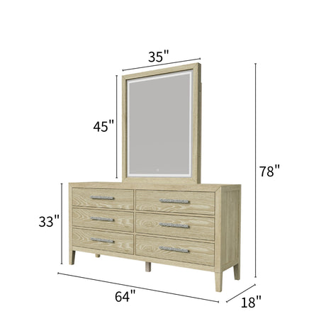 Adeline - 6 Drawers Dresser & Mirror With Jewelry Box & LED Light - Natural Wood Wash