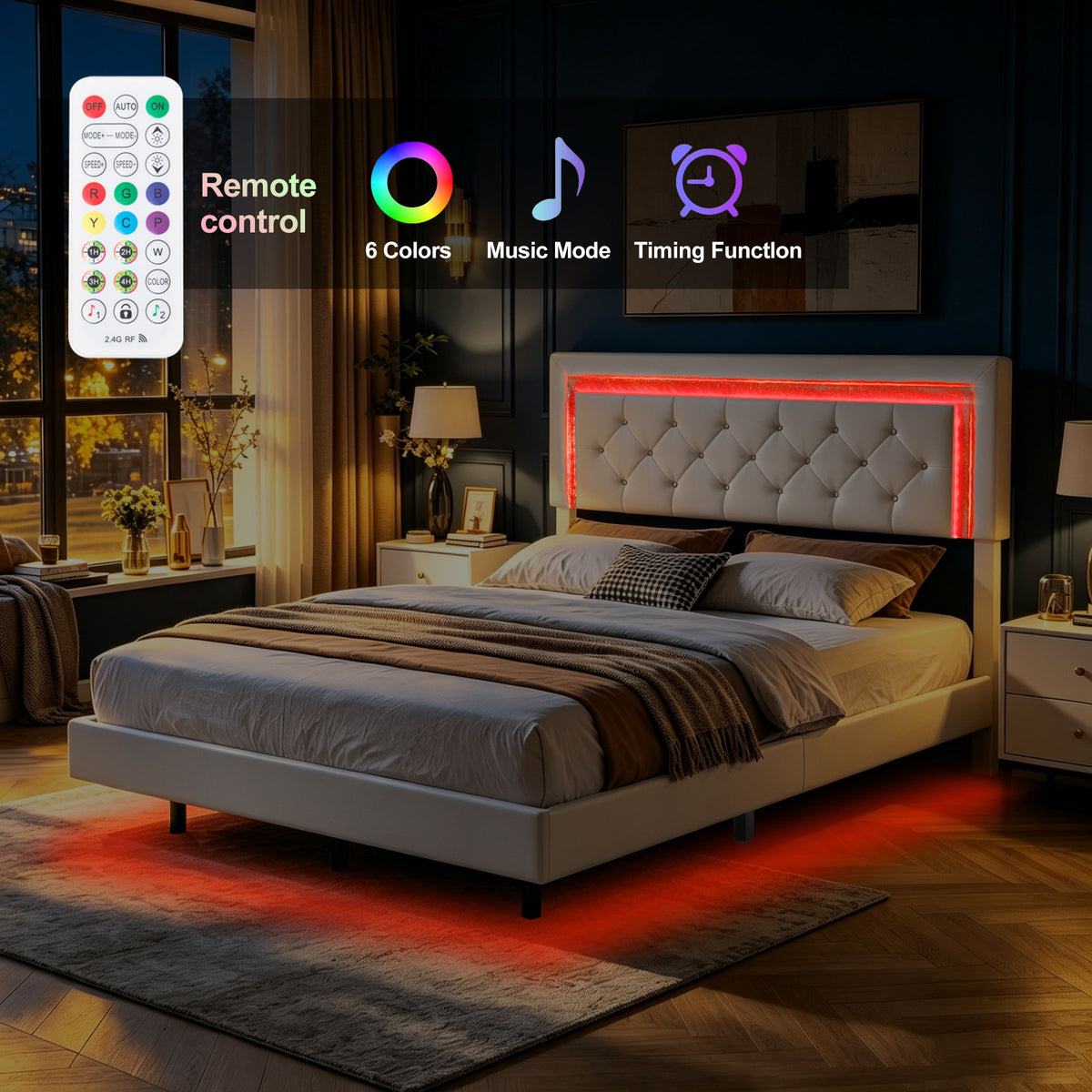 Platform Bed Frame With Adjustable Upholstered Headboard, RGB LED Lights, No Box Spring Needed