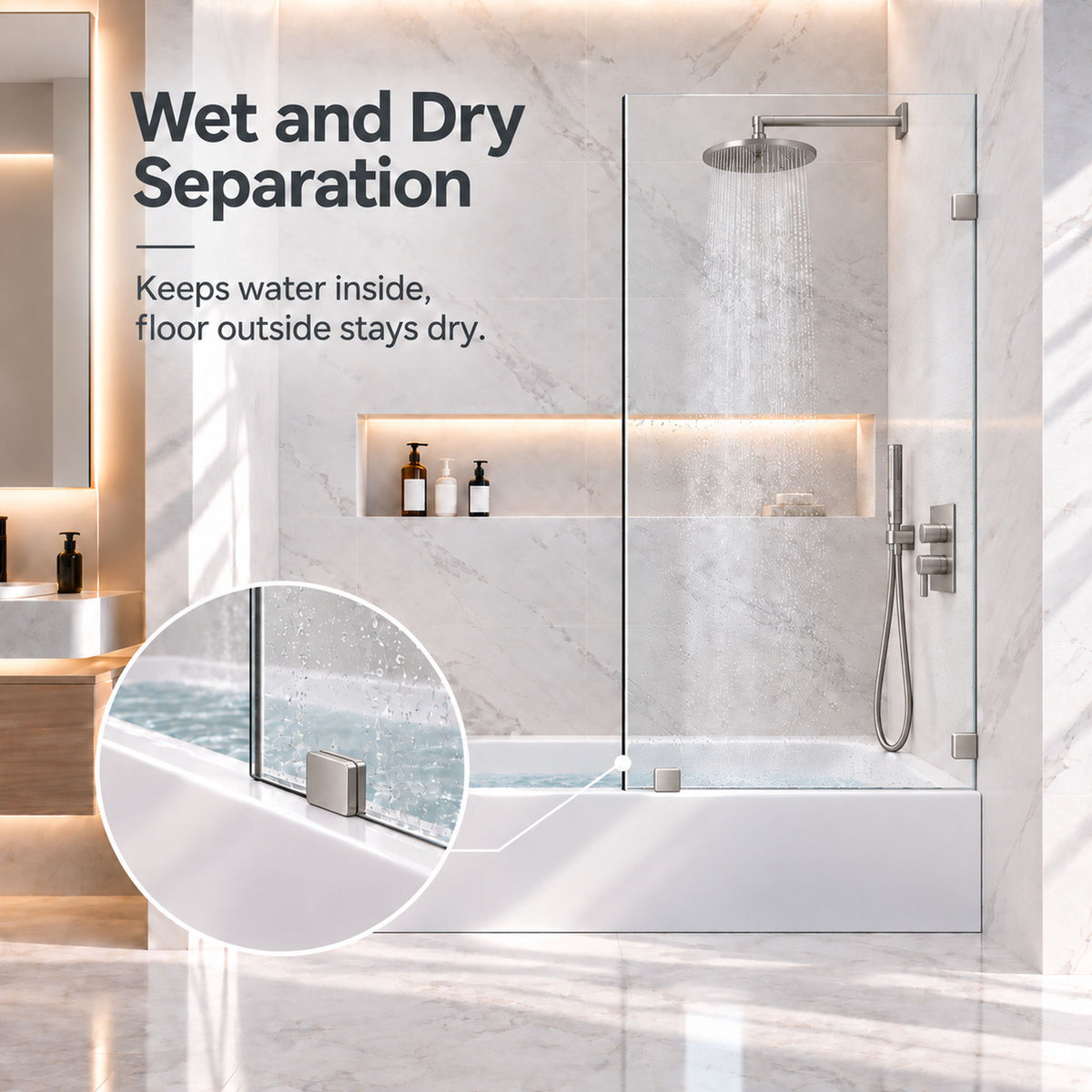 Frameless Bathtub Shower Screen, Reversible Installation