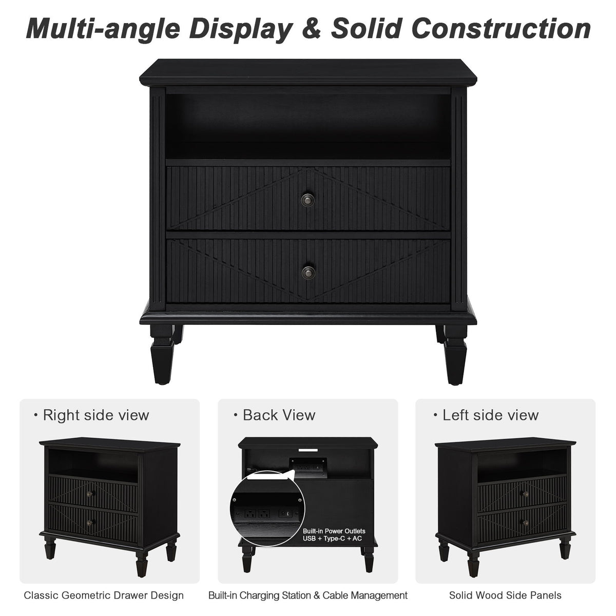 Nightstand With Charging Station, 2 Drawer Bedside Table - Black