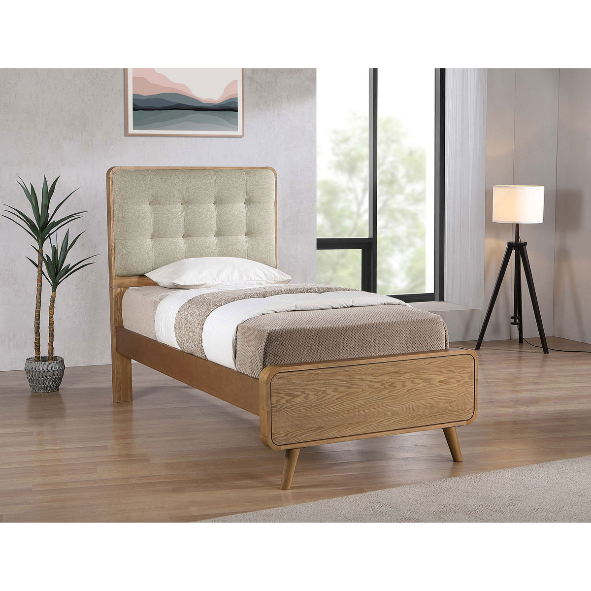 Winston - Twin Platform Bed With Tufted Upholstered Headboard - Light Ash