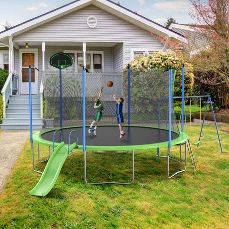 14Ft Trampoline With Slide And Swings, Astm Approved Large Recreational Trampoline With Basketball Hoop And Ladder, Outdoor Backyard Trampoline With Net, Capacity For Kids And Adults - Green / Blue - Trampolines - Alpine Outlets