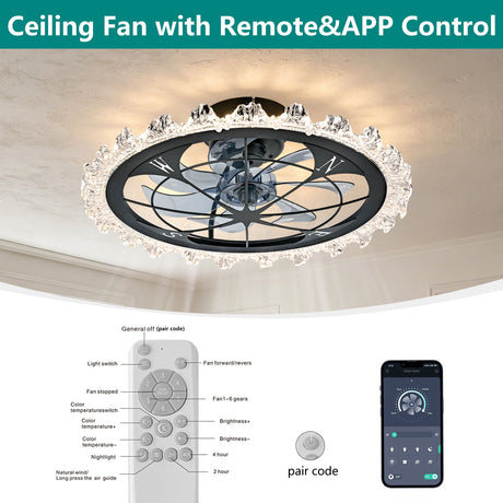 Caged Ceiling Fan With Remote Controlled Dimmable LED Lights, Flush Mount Fan, Low Profile Design - Matte Black