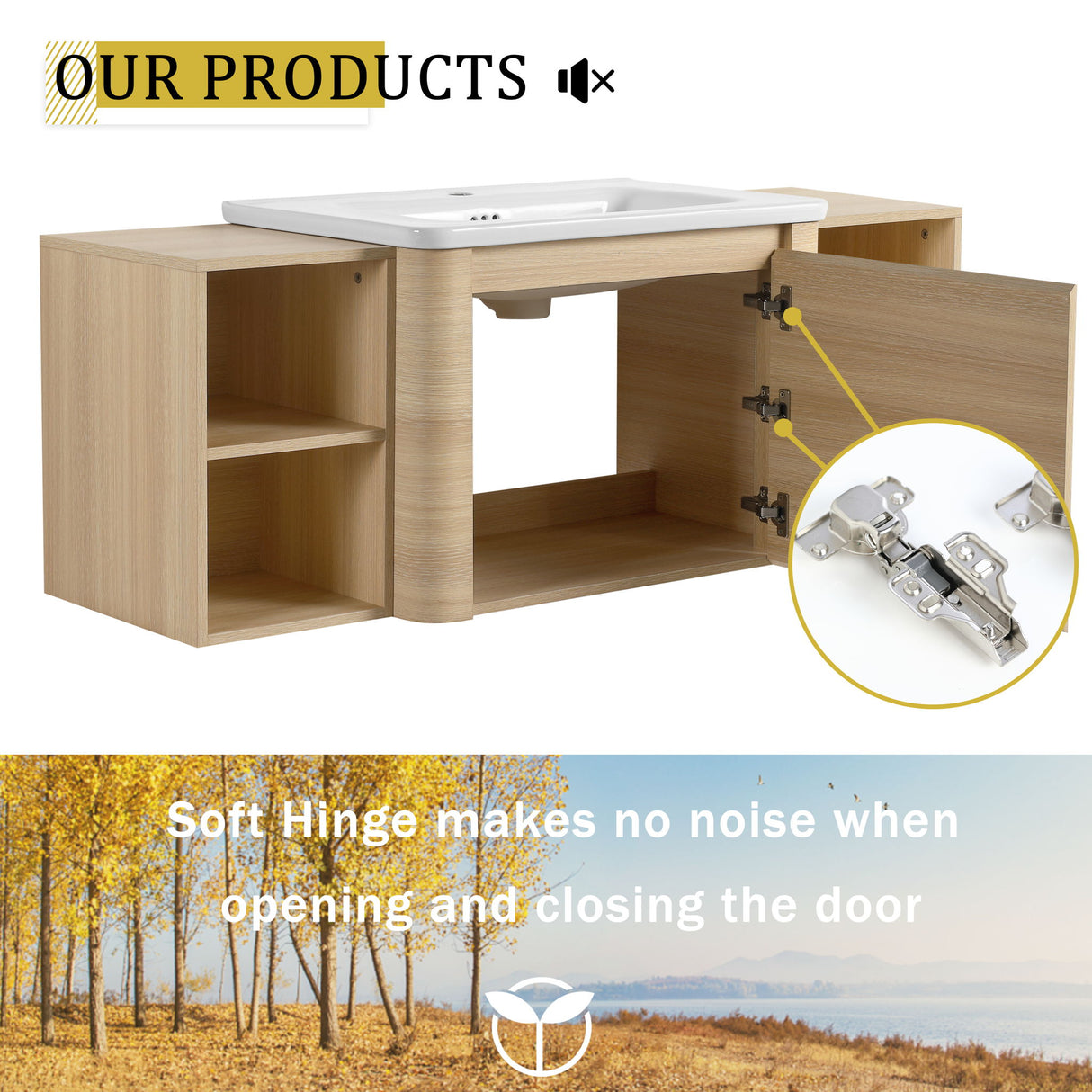 Wall Mounted Bathroom Vanity With Sink, Storage Shelves & Soft Close Door