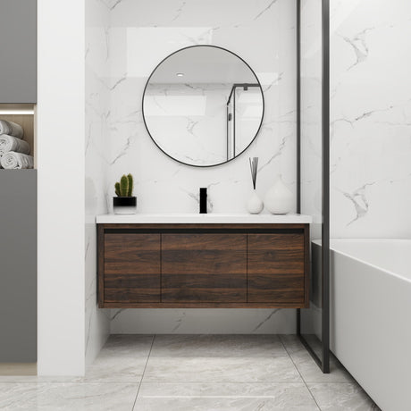 Floating 48" Bathroom Vanity With Resin Sink And Soft Close Doors California Plywood - California Walnut
