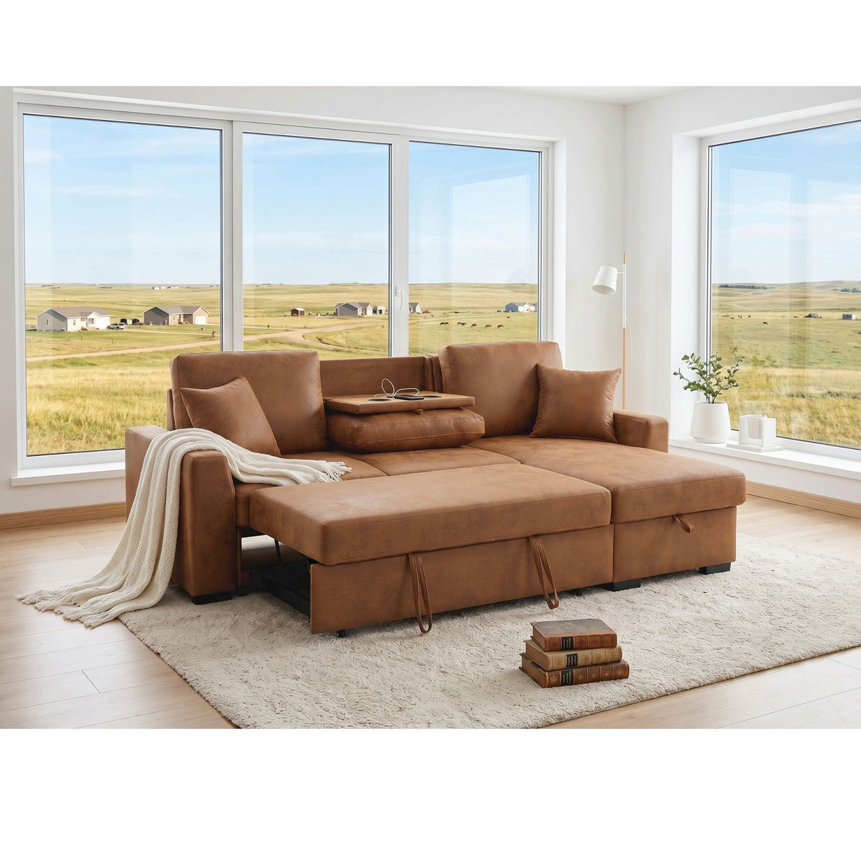 Upholstered Sectional With Pull-Out Bed And Chaise Storage