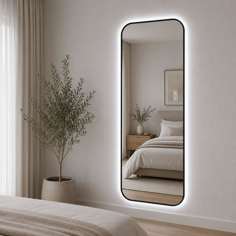 Oversized Backlit LED Full Length Mirror With 3 Color Temperatures, Wall Mounted For Bedroom - Black