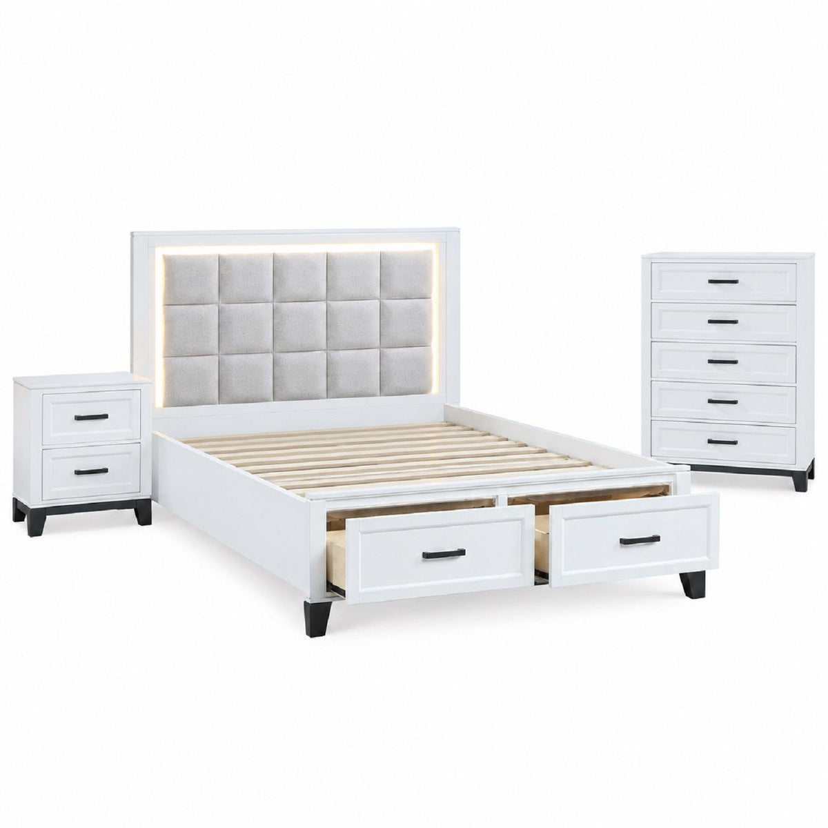 Bedroom Set, Bed With Drawers And Upholstered Headboard LED Lighting
