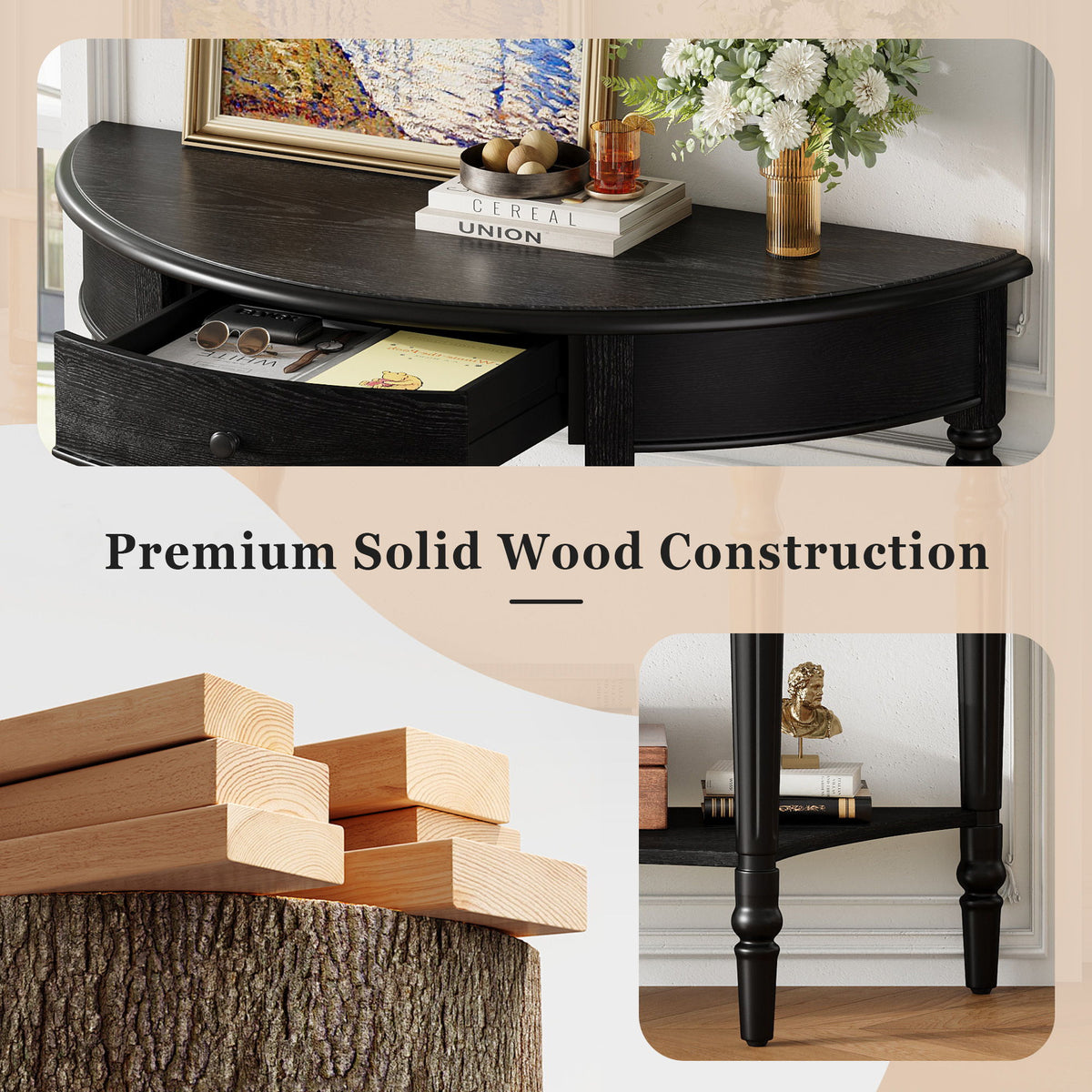 Half Moon Console Table With Drawer & Shelf Accent Table For Entryway - Black
