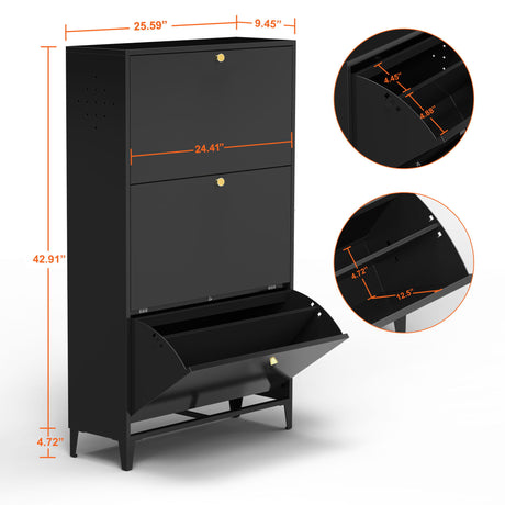 3 Drawer All Steel Shoe Cabinet, Freestanding Storage Organizer With Flip Door