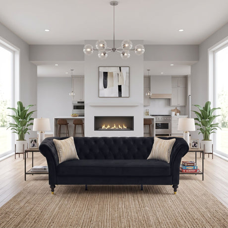 3 Seater Button Tufted Sofa With Rolled Arms, Living Room Couch With 2 Pillows - Black