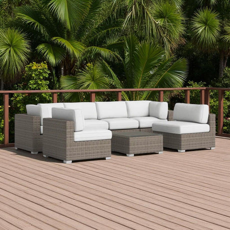 6 Person All Weather Wicker Patio Set With Premium Cushions - Gray Mix