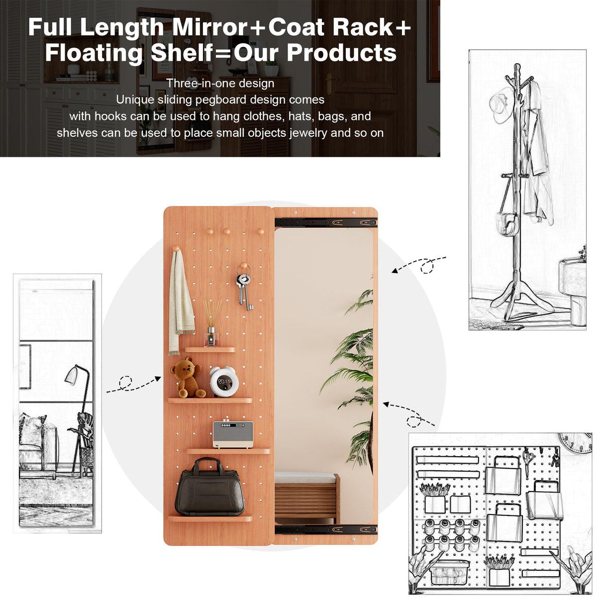 Wall Mounted Full Length Mirror With Shelf And Hook