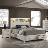 Transitional Bed With Smooth Gliding Drawers, Built In Lights, Open Headboard Shelves