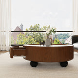 Round Coffee Table With Ball Feet, Pull Handle Storage Drawer - Bouguer Walnut / Brown