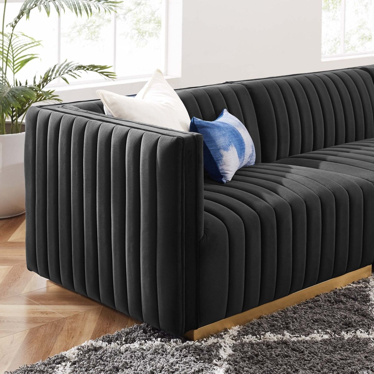 114 Channel Tufted Performance Velvet 5 - Piece L - Shaped Sectional in Black - Living Room Furniture available at Alpine Outlets in Denver