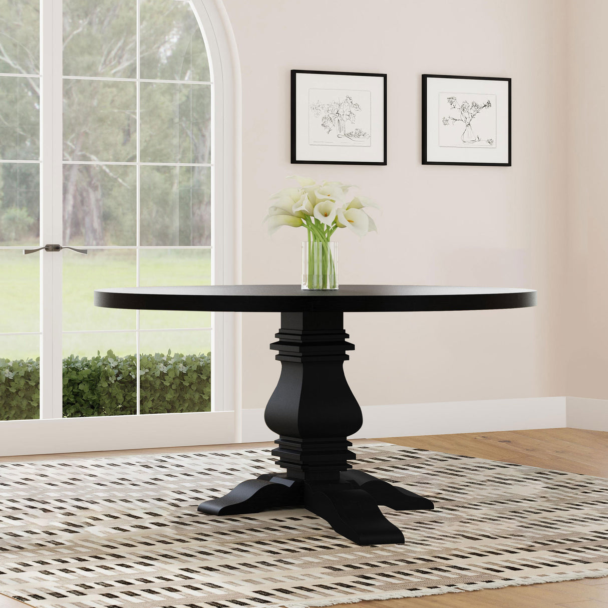 Florence Round 60-Inch Pedestal Dining Table, Distressed Black
