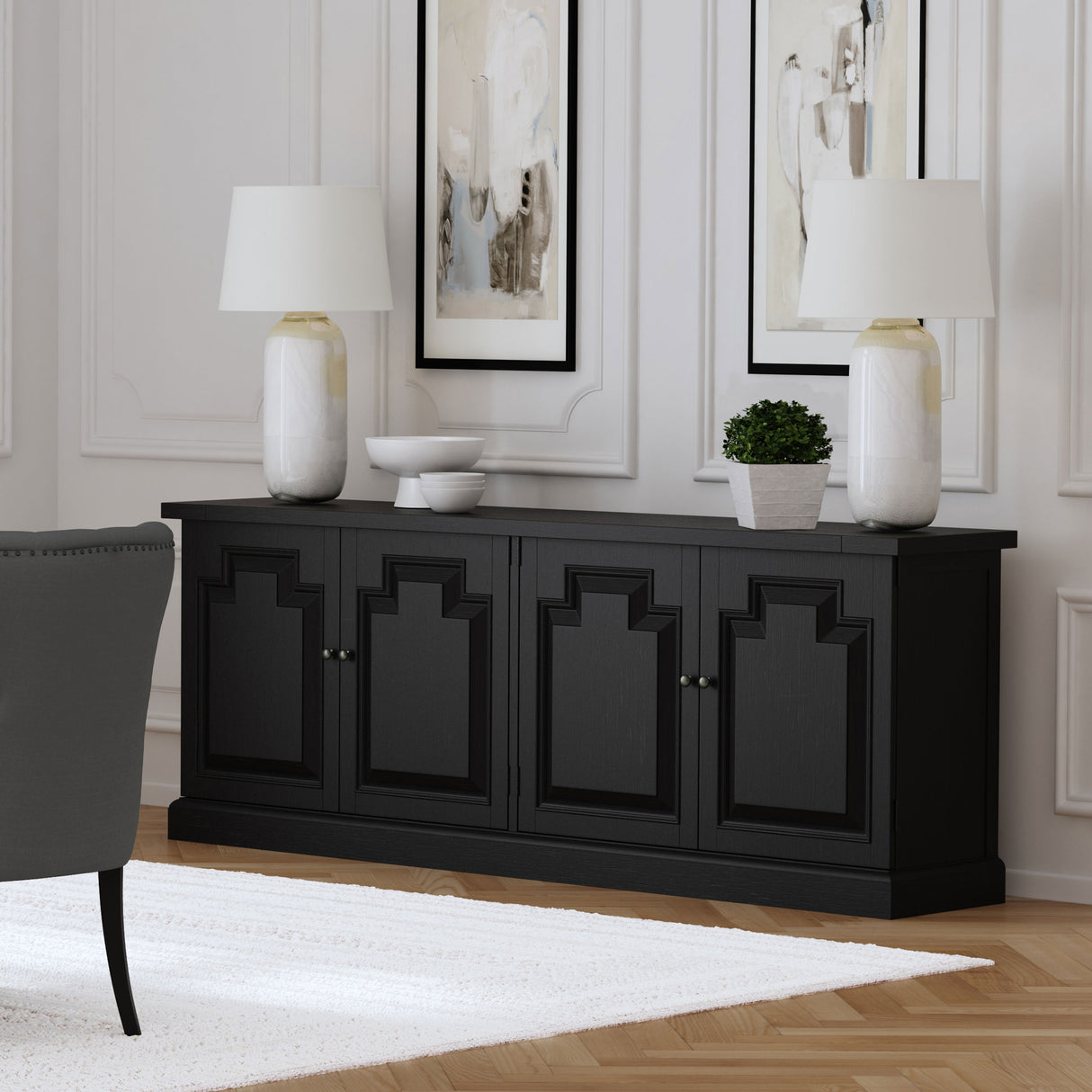 Florence 4-Door Dining Sideboard Buffet in Distressed Black