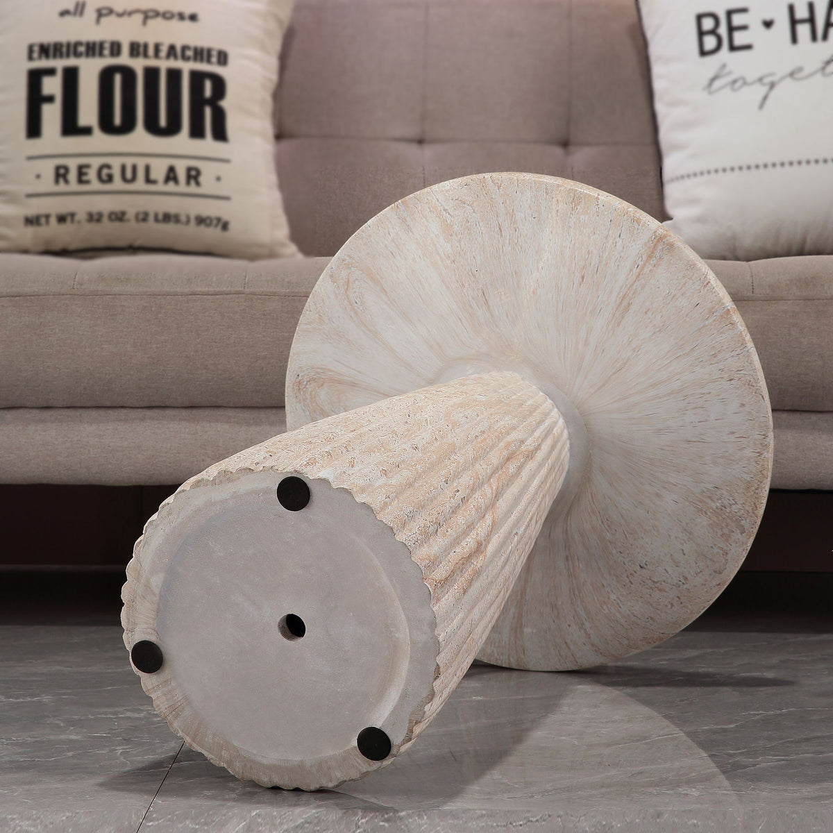 Fluted Pedestal Round Coffee Table - Beige / Yellow