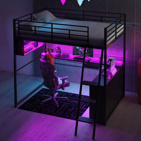 Loft Bed With LED Desk And 4 Storage Shelves