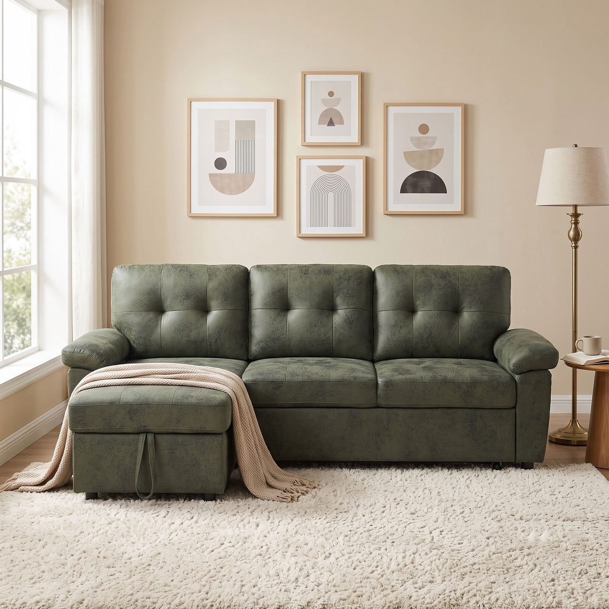 Convertible Sectional Sofa Bed With Pull Out Sleeper And Storage