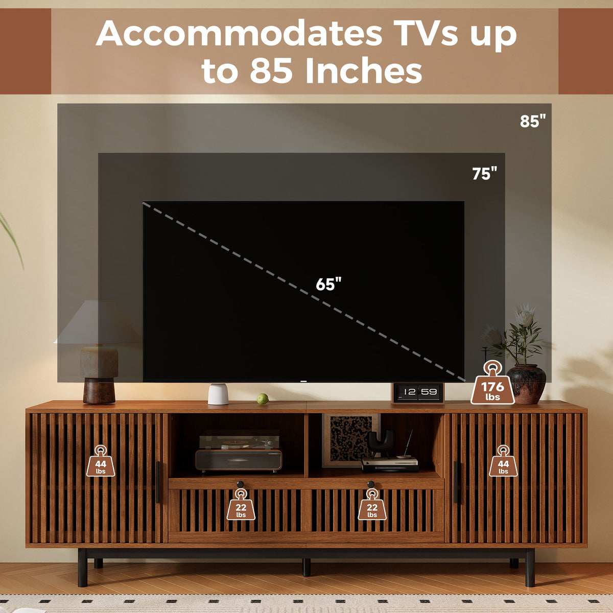 TV Stand, Entertainment Center With Slatted Doors, Cable Management, Soft Closing Hinges - Walnut