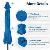 Solar LED Patio Umbrella With Crank Lift And Tilt, 8 Ribs, UV Resistant Canopy For Pool, Backyard & Patio (Without Base) - Blue