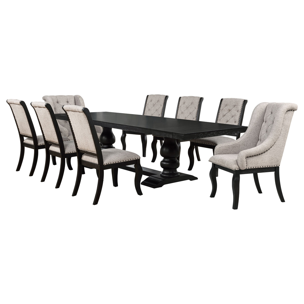 Phelps 9-Piece Dining Set, Distressed Noir with Tan Upholstery