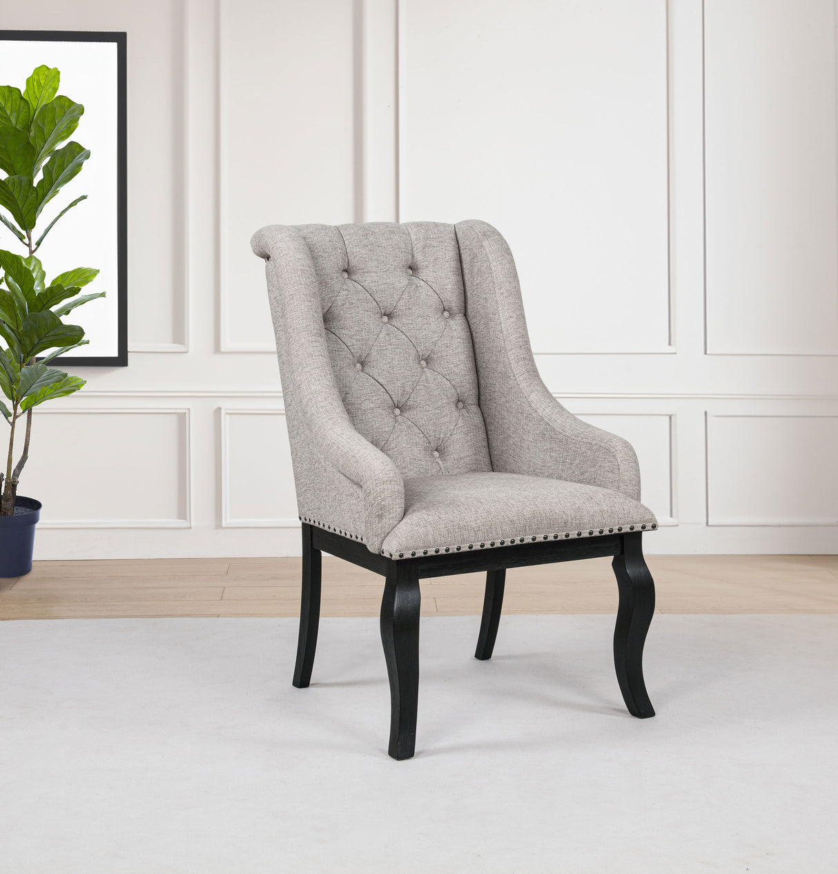 Phelps Upholstered Dining Arm Chair, Tan/Distressed Noir, Set of 2