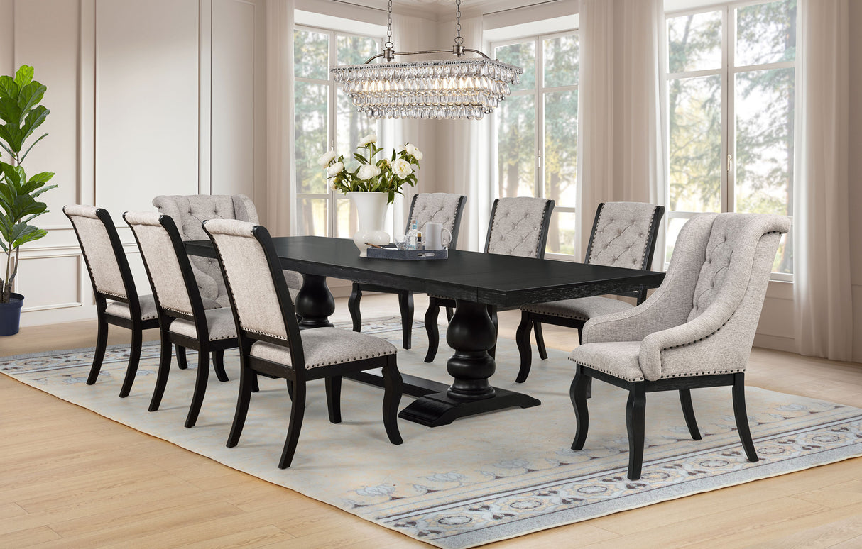 Phelps Upholstered Dining Arm Chair, Tan/Distressed Noir, Set of 2