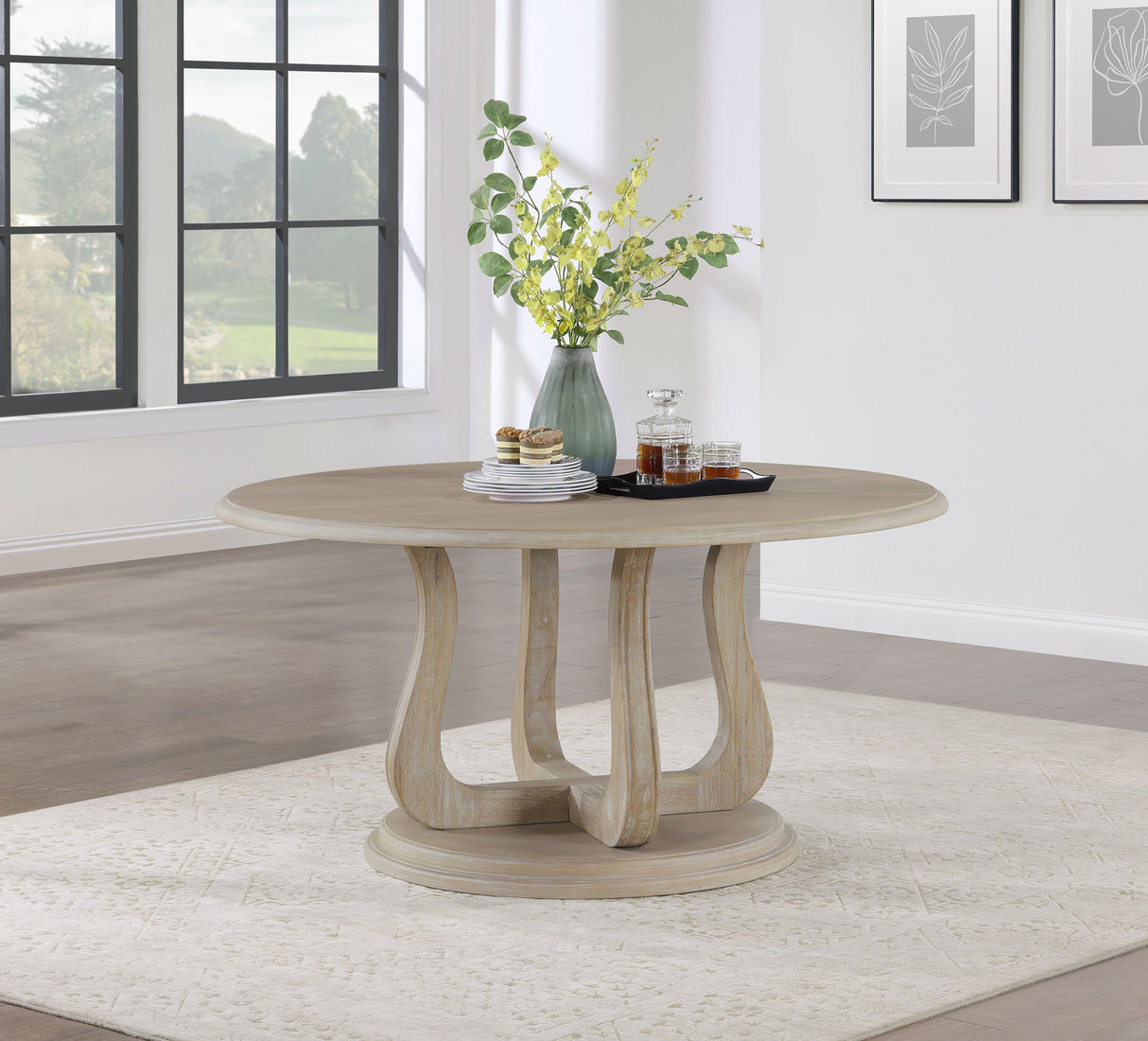 Trofello Round 60-Inch Pedestal Dining Table, White Washed