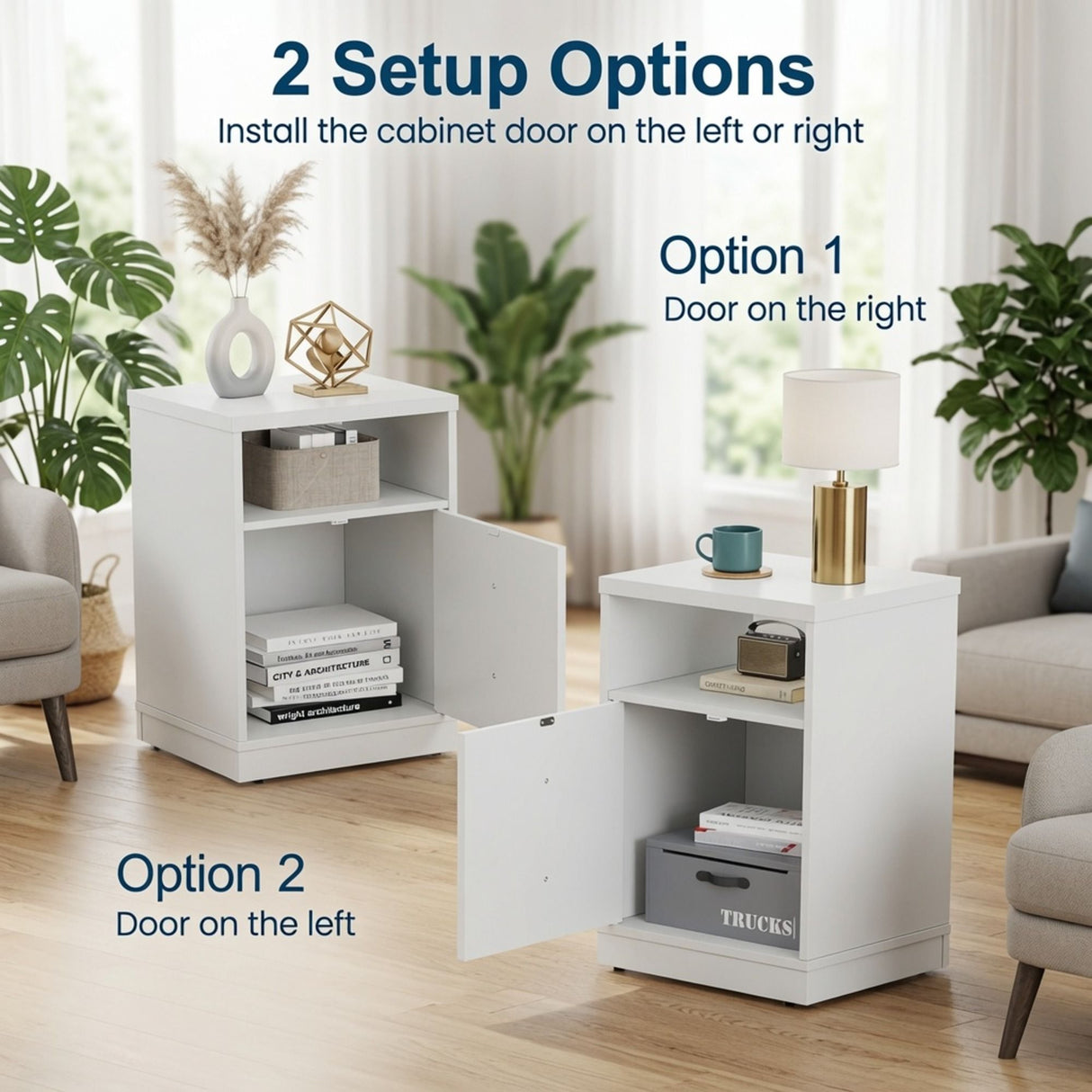 Nightstand With Door & Shelf, 2 Drawer Side Table