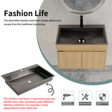 28" Wall Mounted Bathroom Vanity With Stainless Steel Sink, Soft Close Doors - Oak