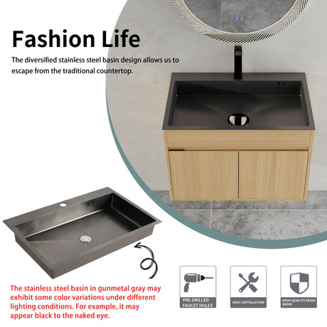 28" Wall Mounted Bathroom Vanity With Stainless Steel Sink, Soft Close Doors - Oak