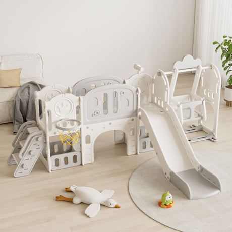 Toddler Slide, 11 In 1 Indoor Outdoor Playground With Basketball Hoop - Gray / Ivory