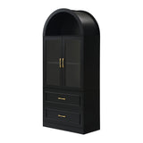 Arched Top Storage Cabinet With Fixed 2 Tier Shelves, 2 Large Drawers