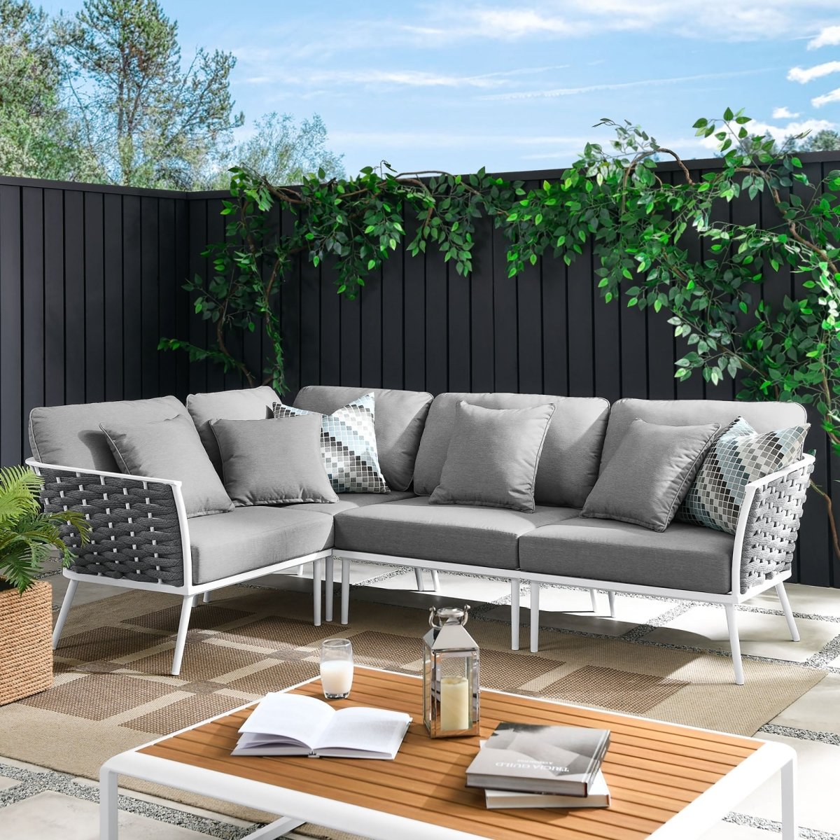 130" 4-Piece Modern Rope and Aluminum Outdoor Sectional Sofa – White Gray - Outdoor - Alpine Outlets