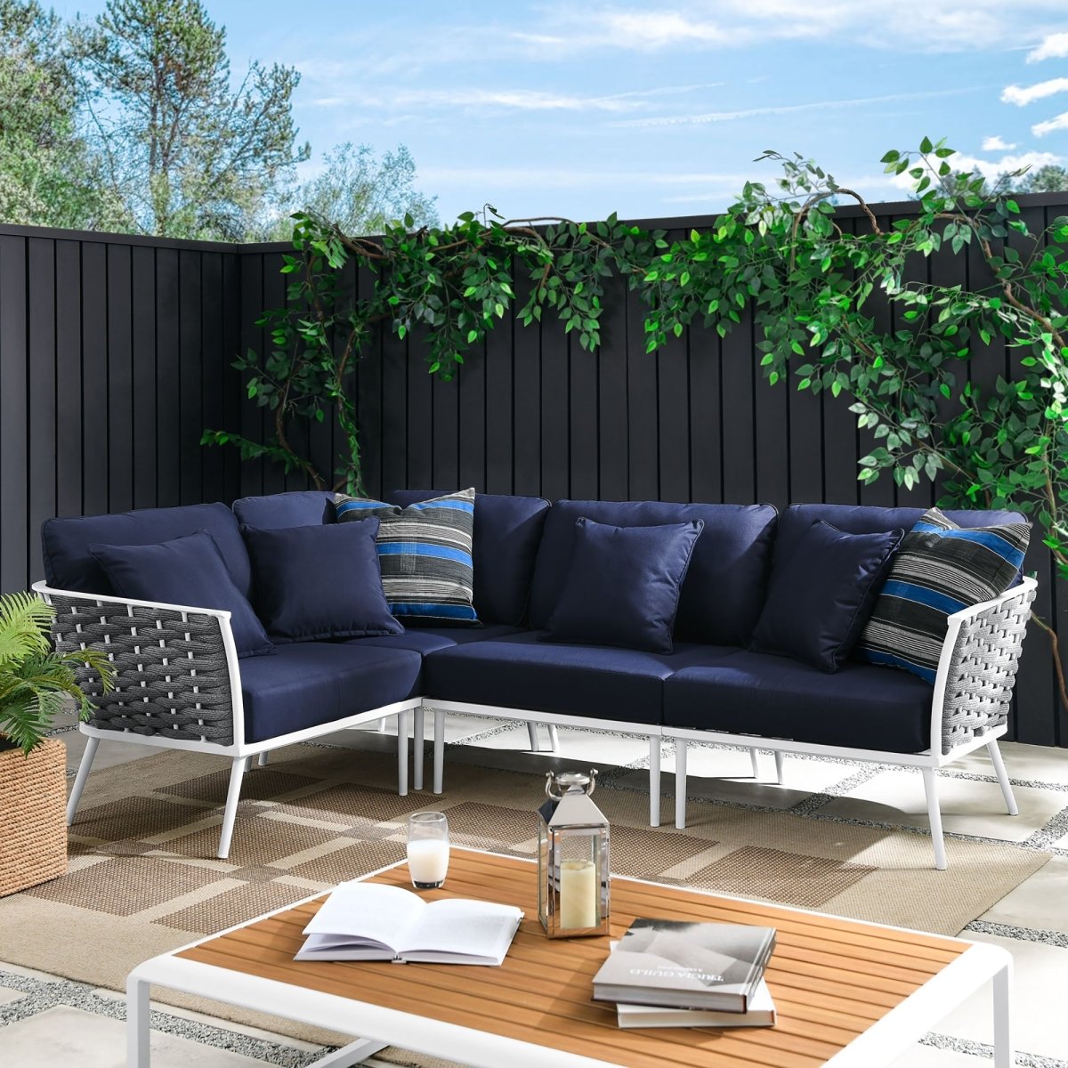 130" 4-Piece Modern Rope and Aluminum Outdoor Sectional Sofa – White Navy - Outdoor - Alpine Outlets