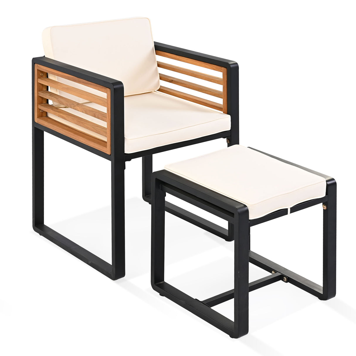 Acacia Wood Patio Dining Set, Cushioned Chairs & Ottomans Square Table