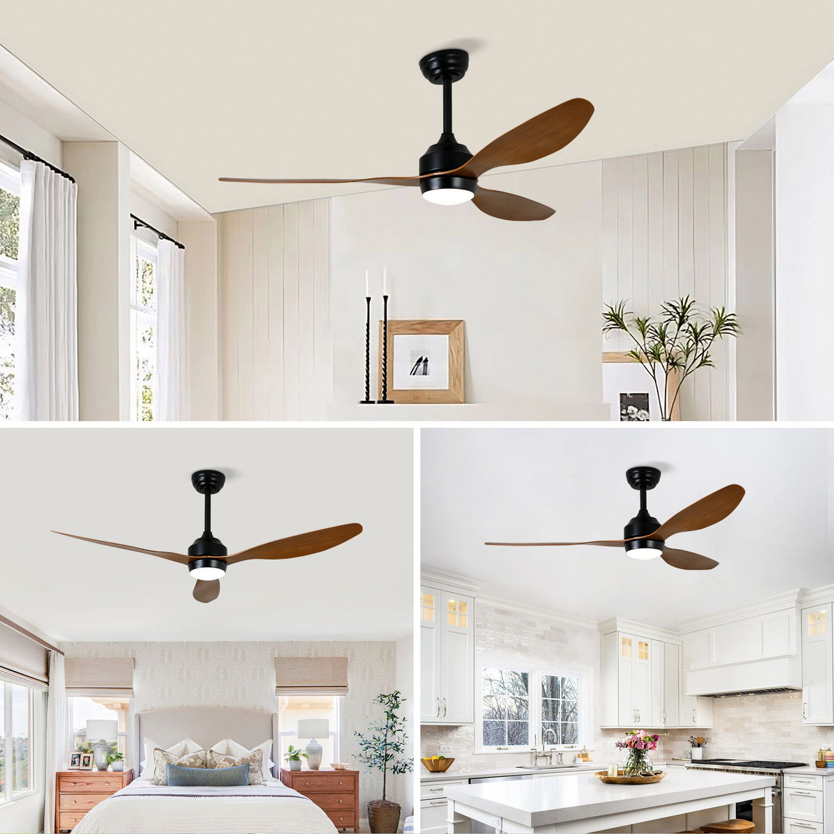 Ceiling Fan With Lights Quiet DC Motor 3 Blade Ceiling Fans 6 Speed Levels, Reversible Ceiling Fan - Matte Black / Wood