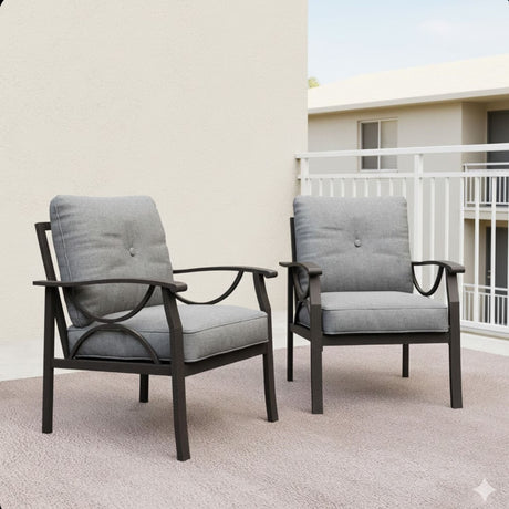 All Weather Armchairs With Cushions, Sculptural Design (Set of 2) - Gray / Khaki