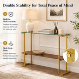 Console Table With Shelf, 2 Tier Living Room - Gold / Walnut