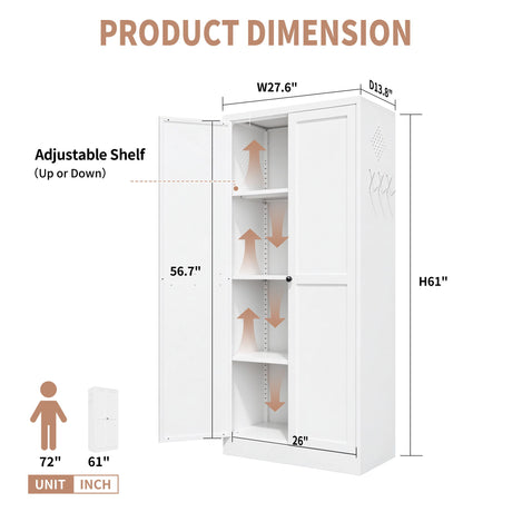 Metal Kitchen Pantry Cabinet With Adjustable Storage And 4 Heavy Duty Shelves - White