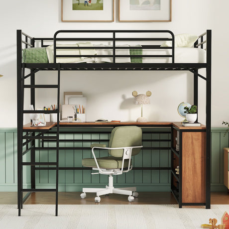 Loft Bed & 3 Layers Of Shelves And L-Shaped Desk