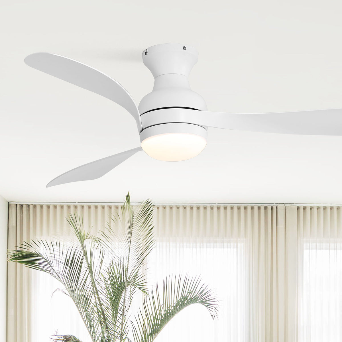 52" Low Profile Ceiling Fan With Lights, Quiet Reversible DC Motor, Dimmable LED, 3 Blades - White