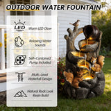 Outdoor Squirrel, Tiered Waterfall Fountain With LED Light For Patio - Gray