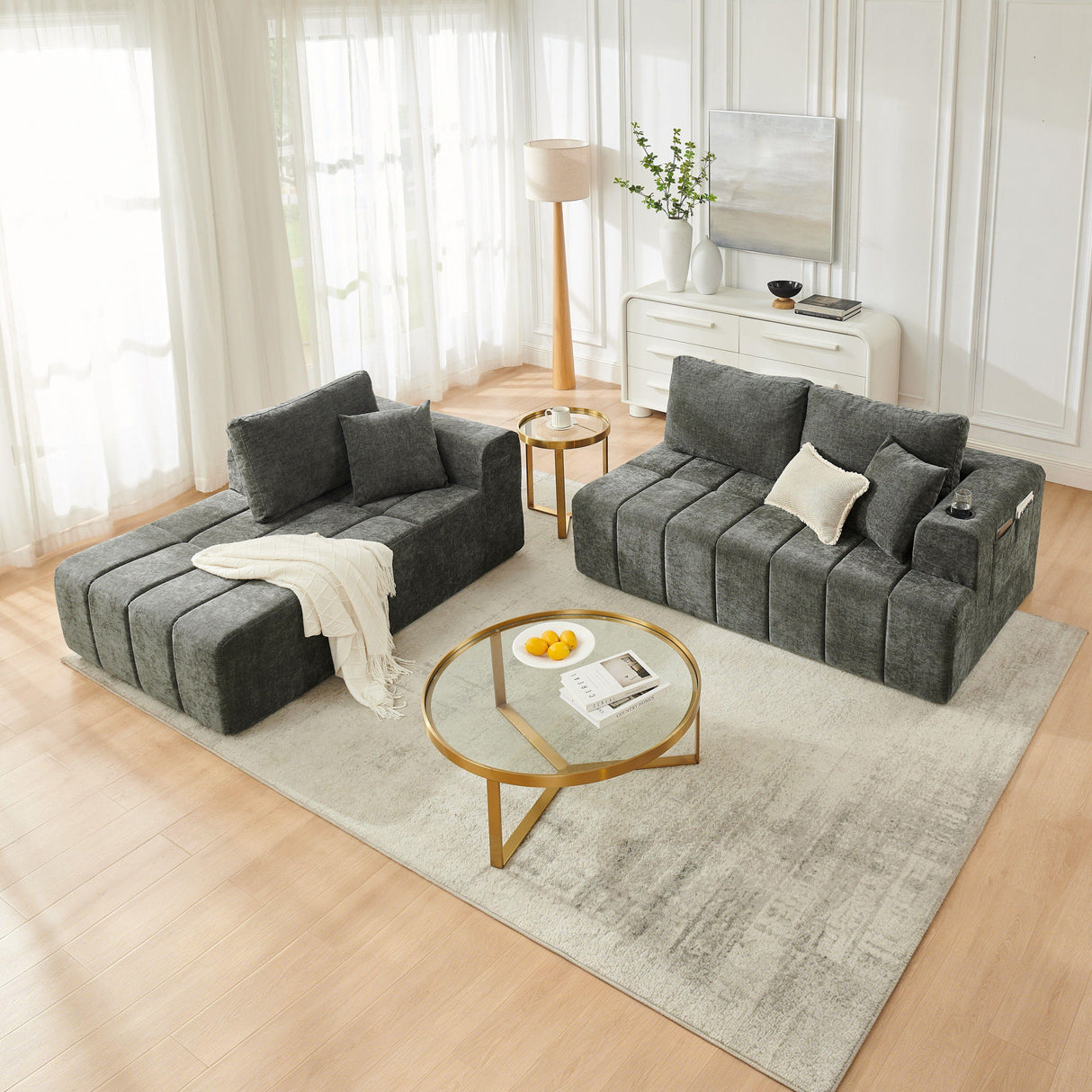 L - Shaped Sectional Sofa With Cup Holders & Side Pockets